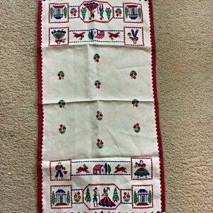 Vintage Linen Table Runner Folk Art Embroidery Floral Motifs Farmhouse Style